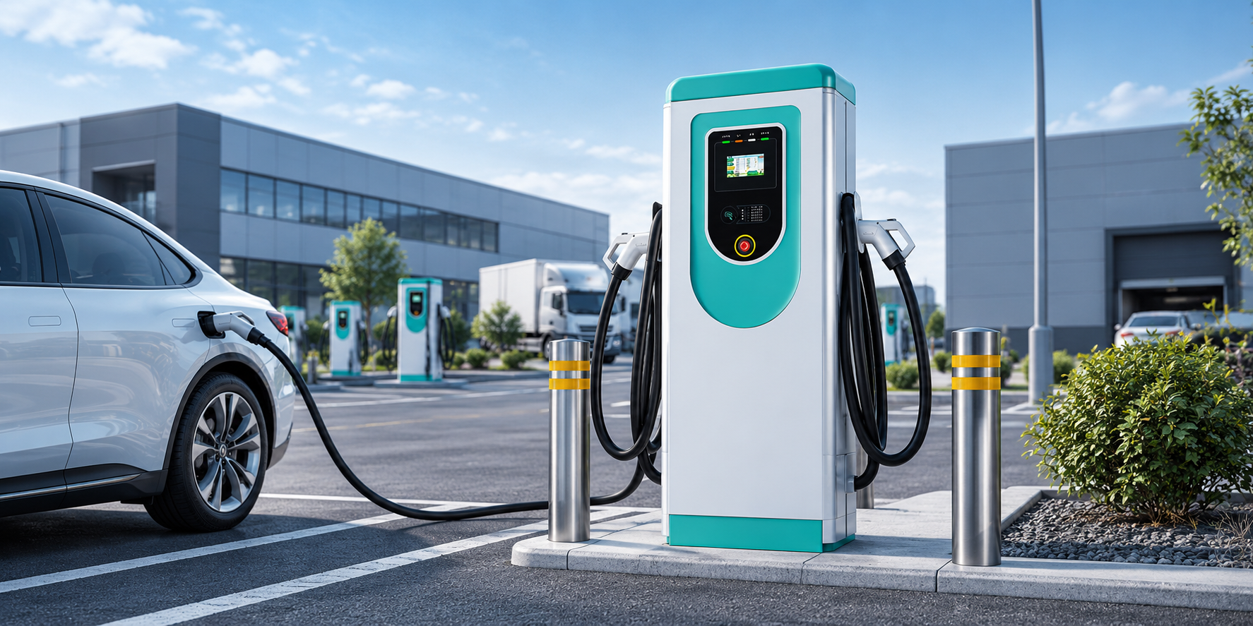 EV-AC03201T dual-gun station installed at a commercial parking site