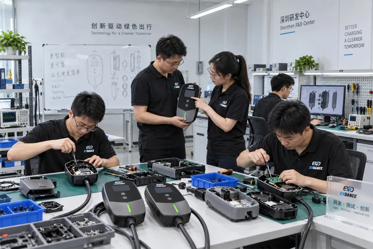 Engineers validating a charger in the R&D lab